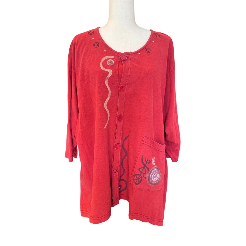 Blue Fish Cardigan sz OS Red Art to Wear Hand Printed embroidered Lagenlook Boho